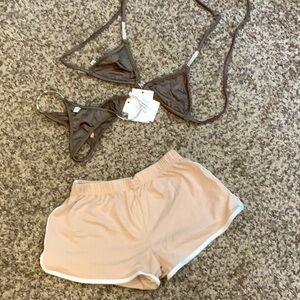 Bronze w rhinestone details, 2 pc bikini with nude sporty cotton shorts